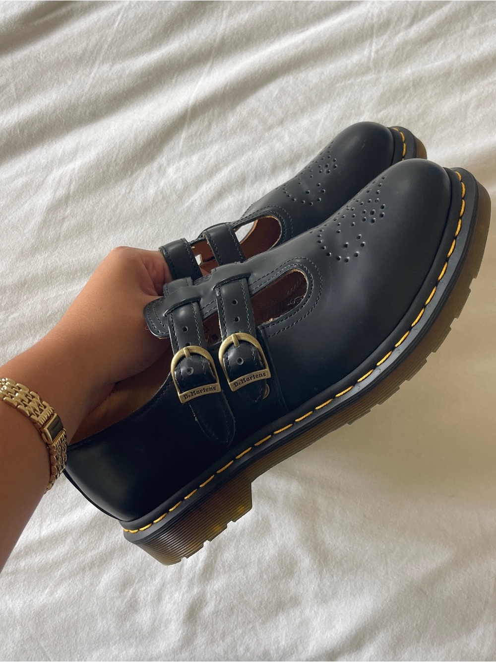 Dr. Martens Black Triple-Strap Mary Jane with Yellow Stitching